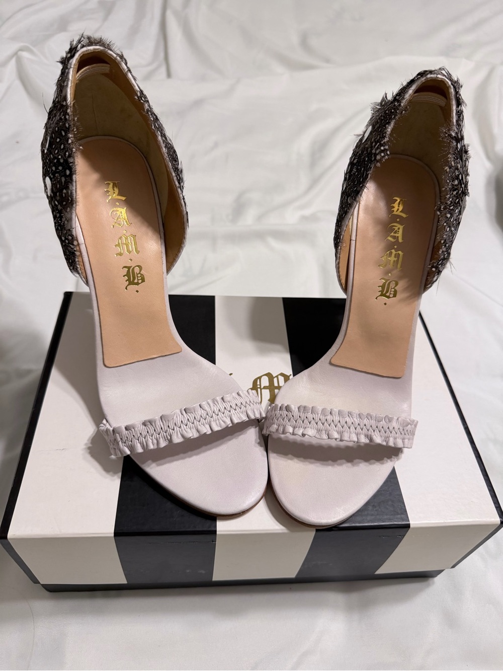 L.A.M.B. Two-Tone Open-Toe Heels in Grey and Black Embellished Back